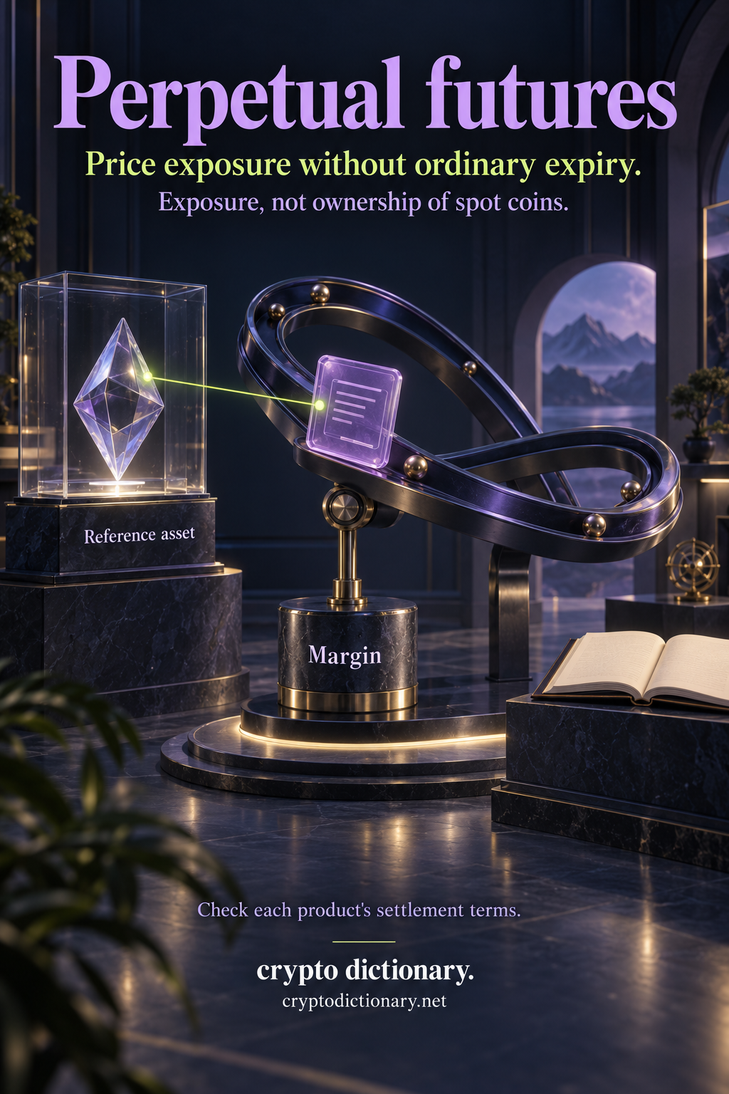 Perpetual futures: a lilac contract rides a looping track supported by margin, connected to a separate reference asset display.