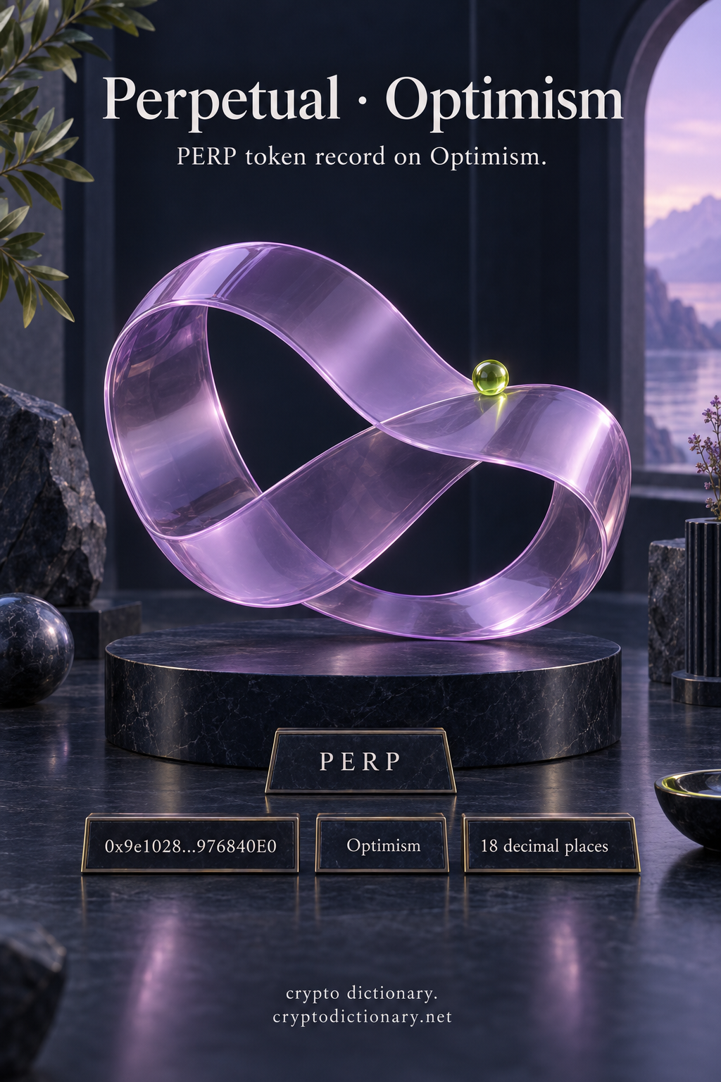 A broad lilac glass continuous-loop ribbon with one lime bead rests above a navy pedestal beside PERP, Optimism, shortened contract and 18 decimal places registry plaques.