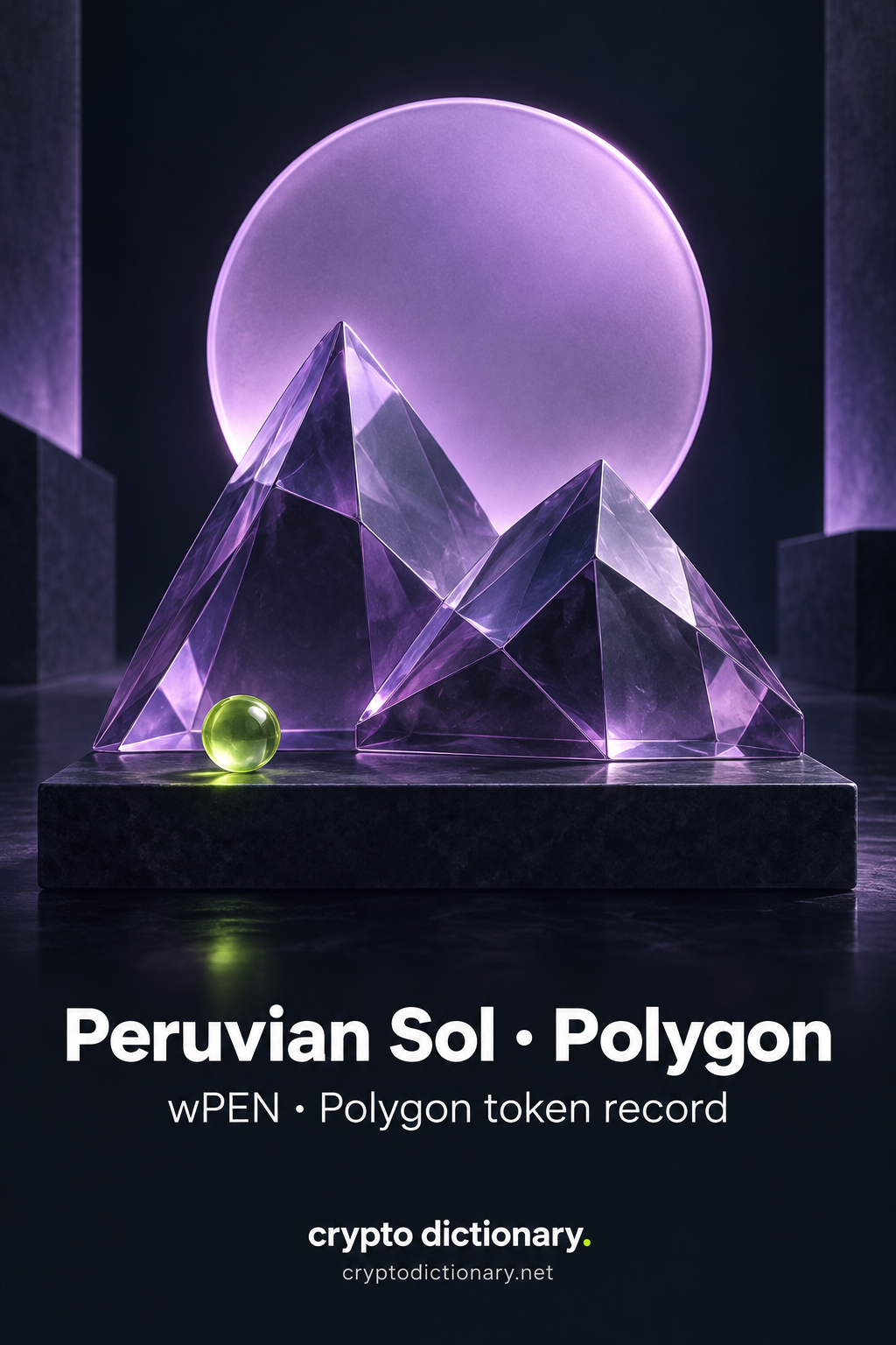 Two abstract faceted lilac glass peaks stand before a blank circular lilac sun-like disc, with one lime bead on the dark base.