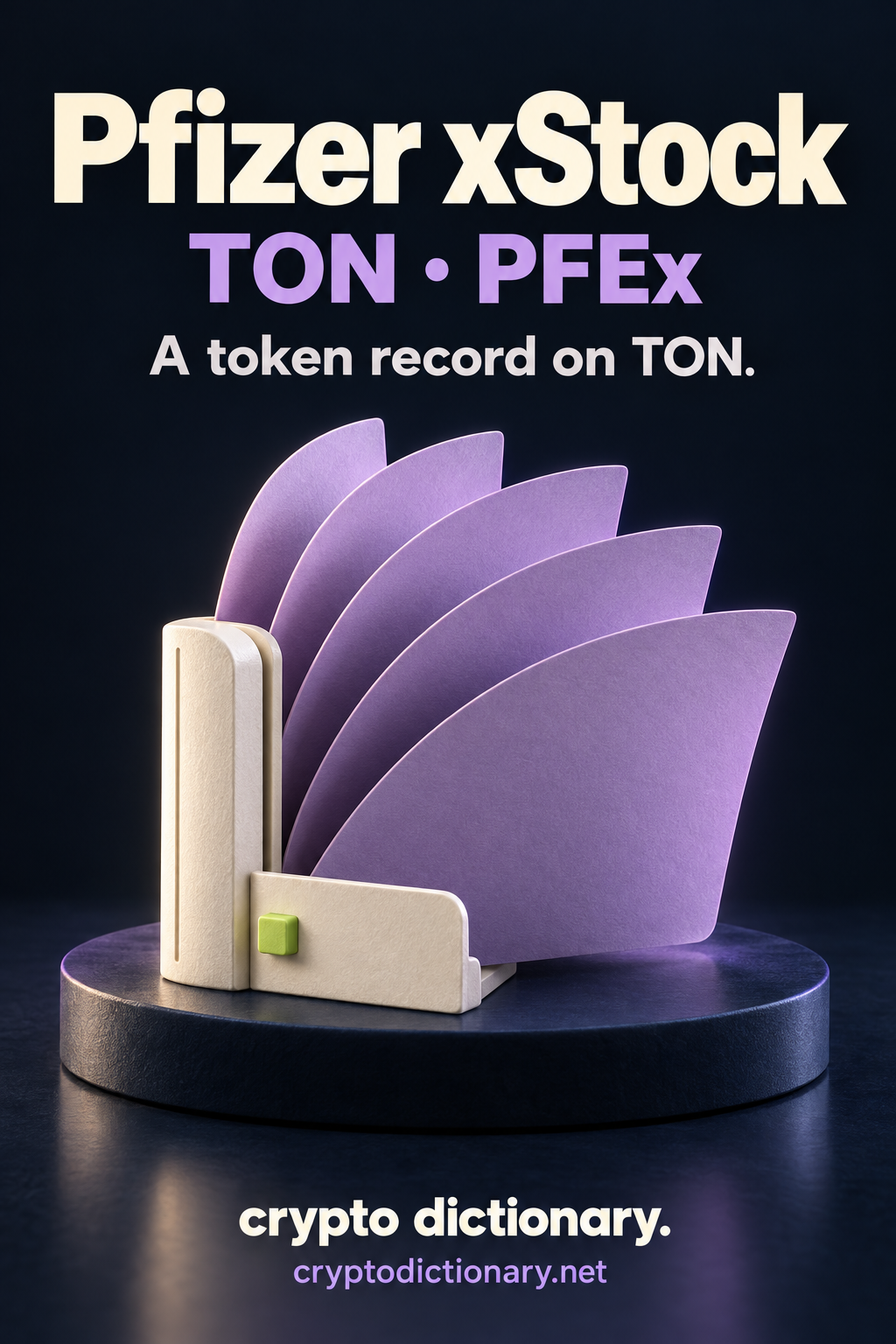 Pfizer xStock on TON, ticker PFEx: five blank lilac paper catalogue leaves fanned from an ivory archive spine with a blank registry tab.