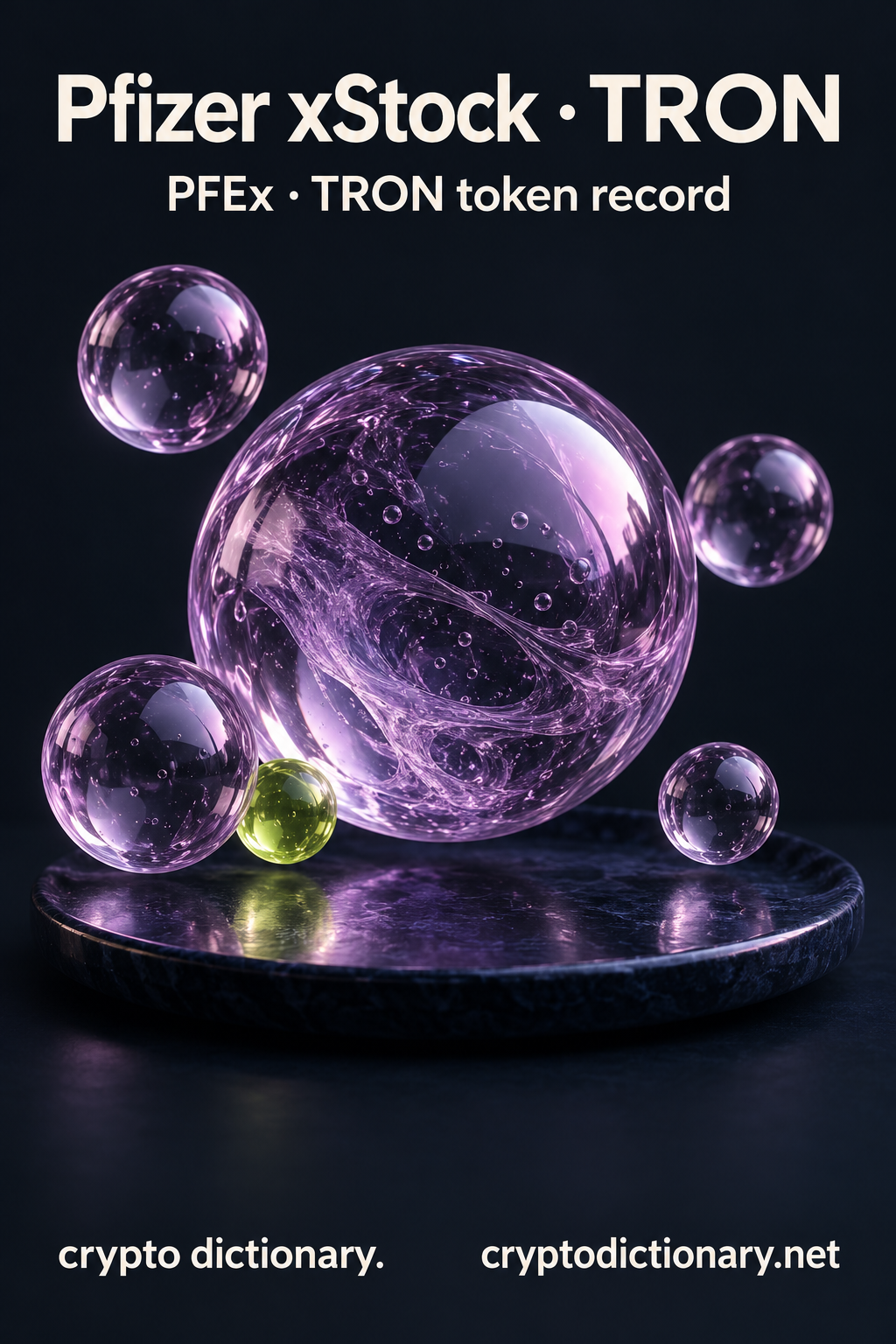 Pfizer xStock · TRON — original lilac glass name-inspired sculpture with accurate token record caption.
