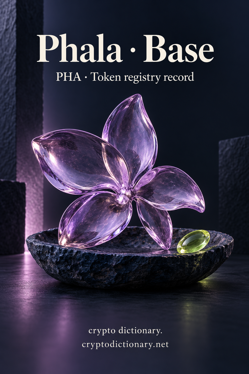 Phala on Base illustrated by an original lilac glass petal sculpture in a shallow dark stone dish beside a lime bud, with neutral PHA registry caption.