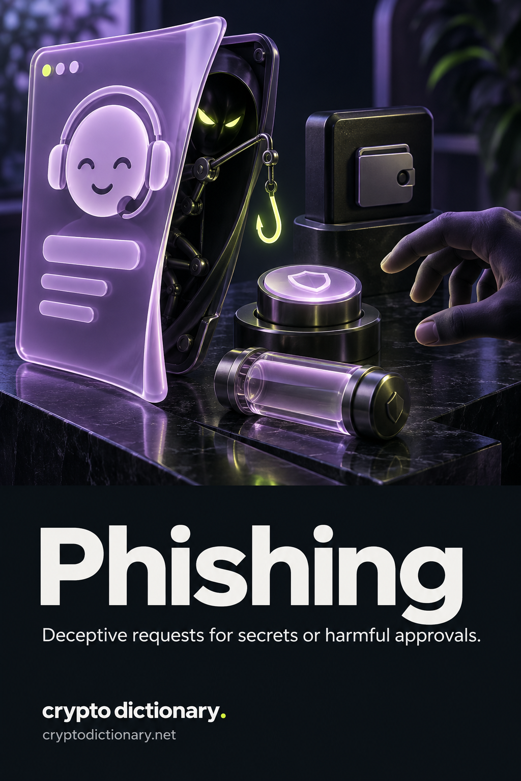 A friendly support avatar masks a dark hidden lure that reaches toward an approval button and a blank sealed secret capsule while a hand hesitates.