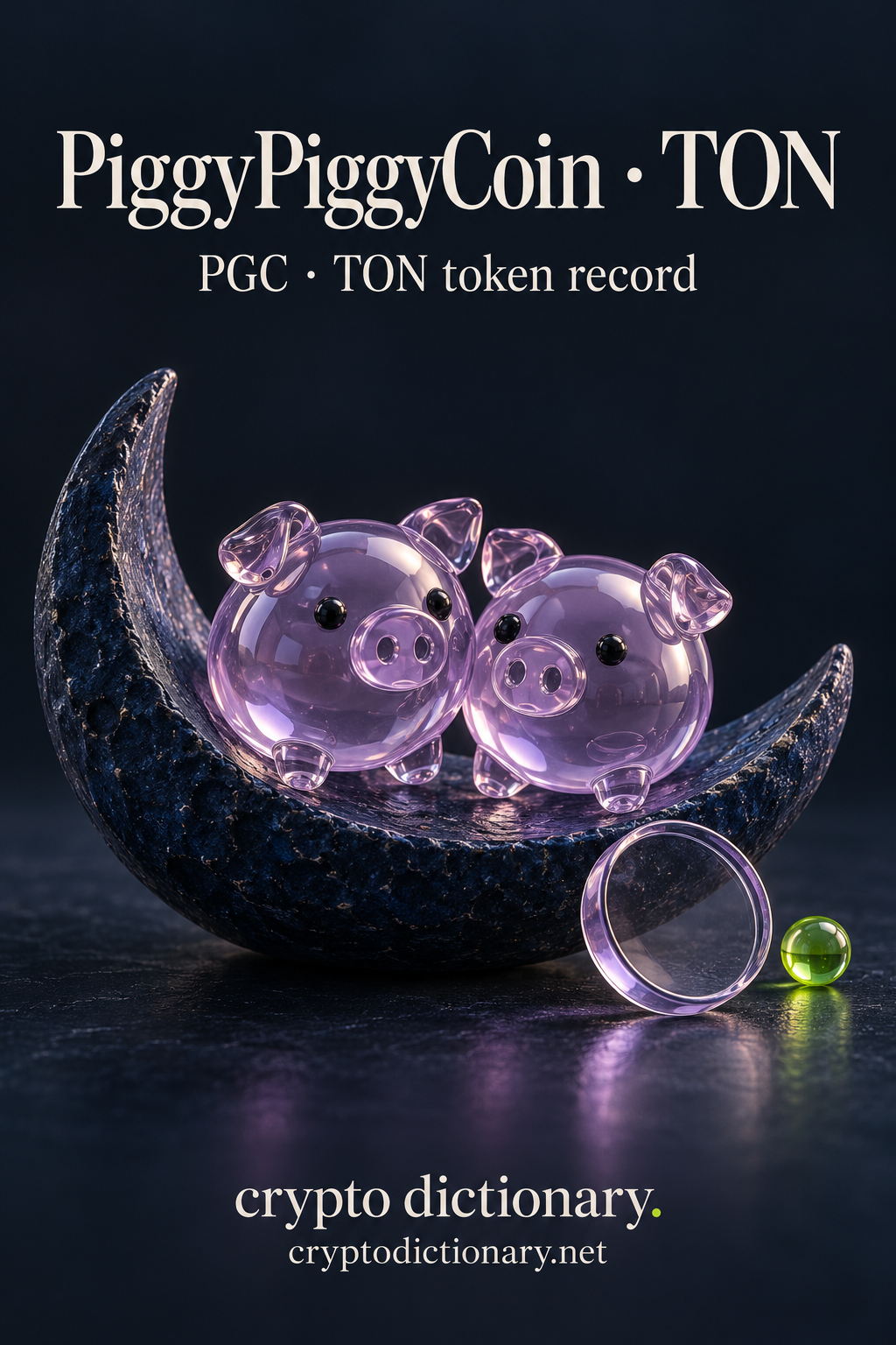 PiggyPiggyCoin · TON — original lilac glass name-inspired sculpture with accurate PGC token record caption.