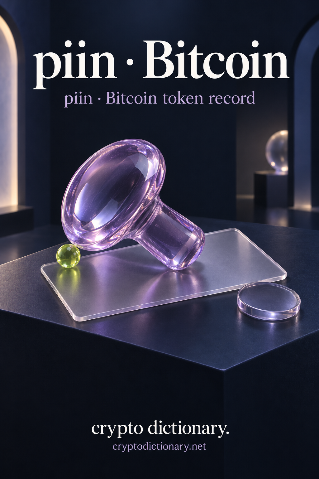 Lilac glass pushpin above a blank archival card and lime bead beneath piin · Bitcoin token record typography.