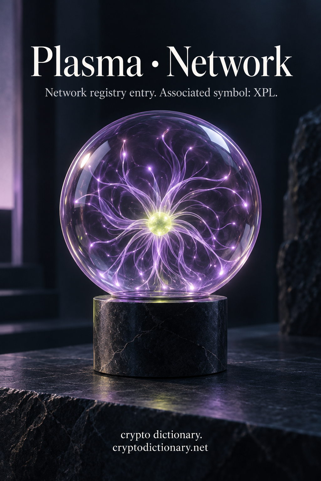 Lilac luminous plasma art globe on plain navy stone stand for Plasma network registry entry associated with XPL.