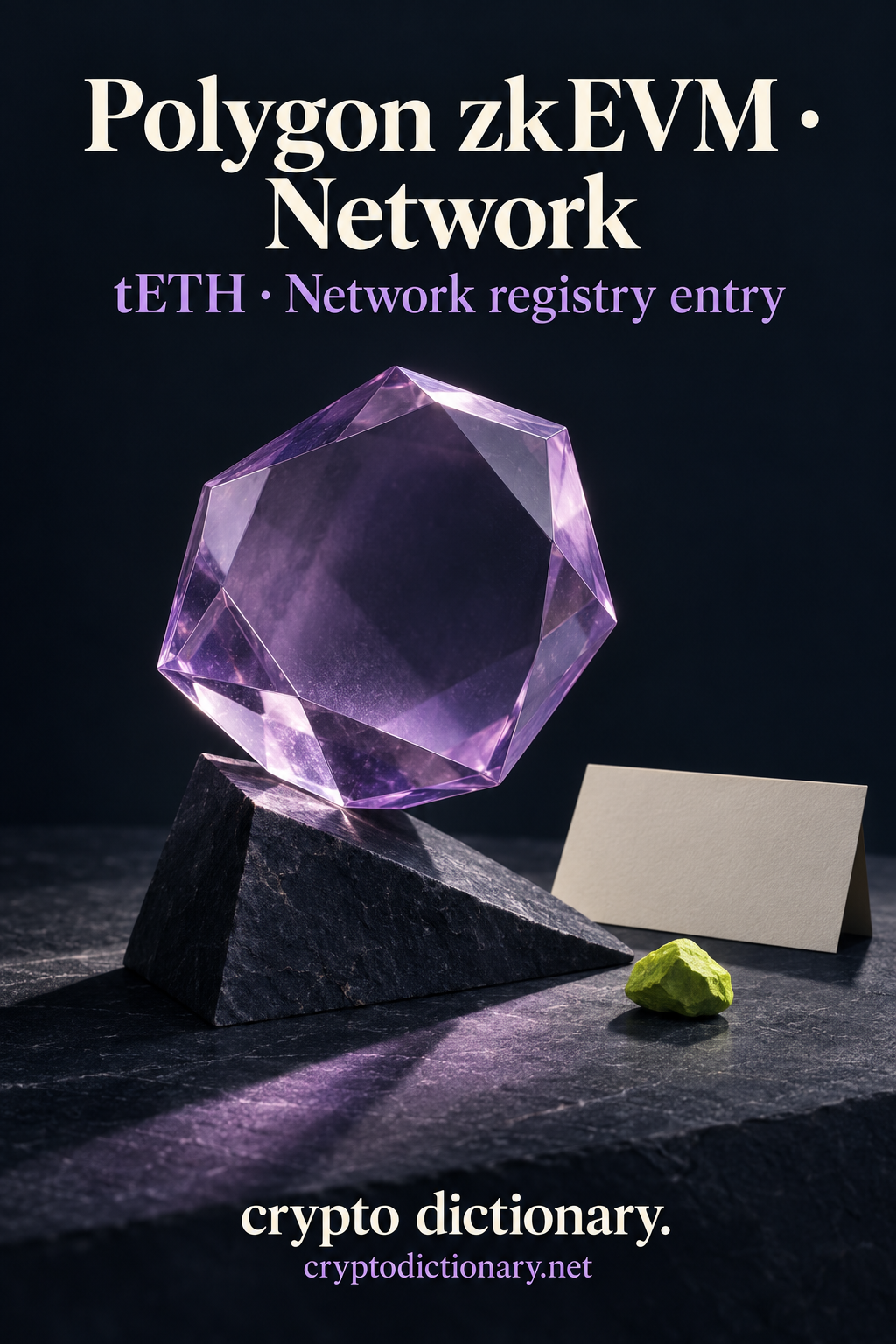 Polygon zkEVM · Network above a faceted lilac polygon prism balanced on a navy stone wedge, blank cream card and lime pebble; tETH · Network registry entry and Crypto Dictionary footer.