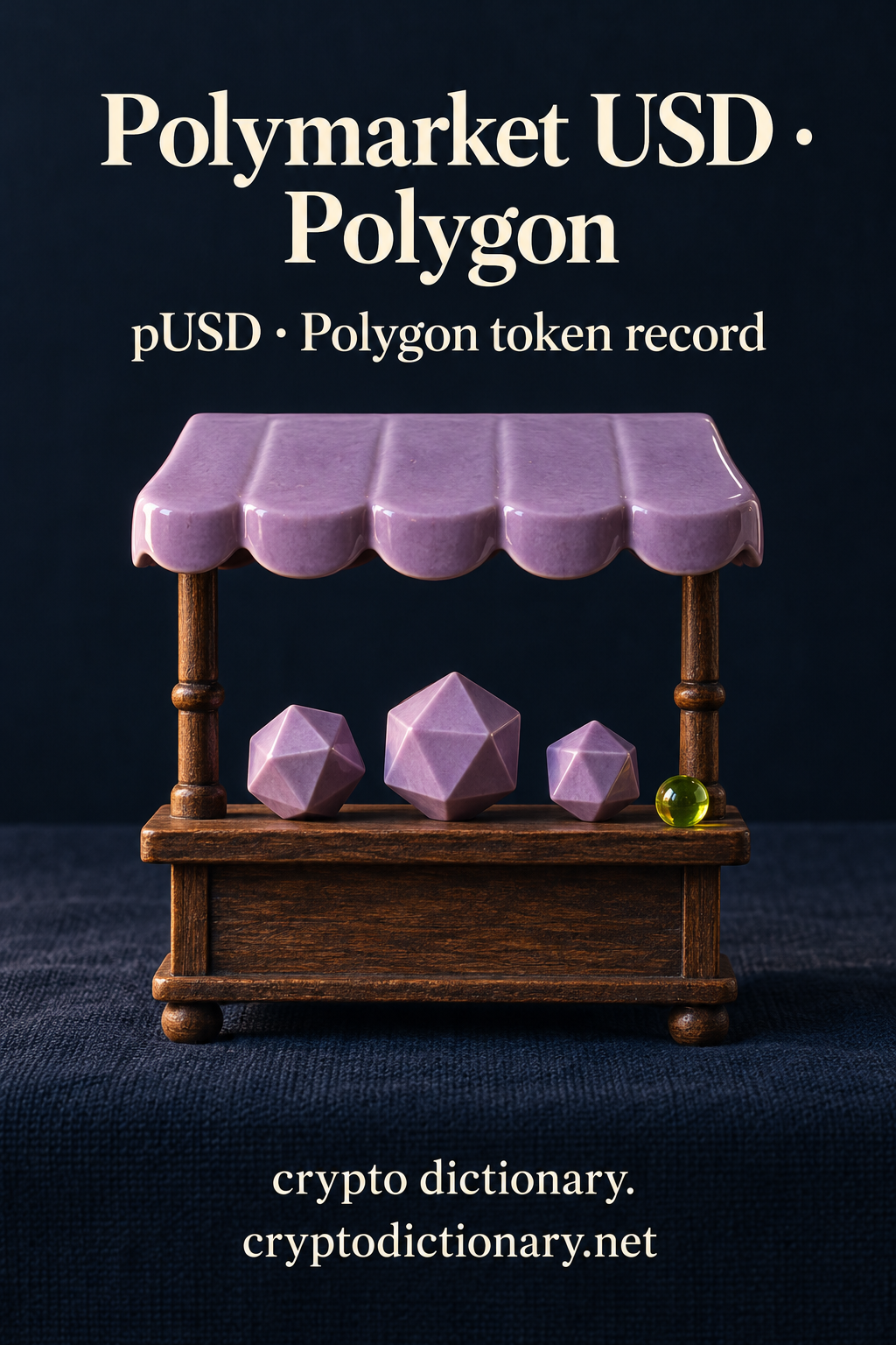 A wooden toy market stall with lilac ceramic canopy and three polyhedra, illustrating the Polymarket USD registry name on Polygon.