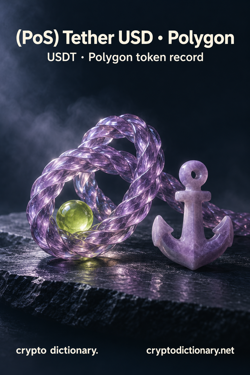 (PoS) Tether USD · Polygon — original lilac glass name-inspired sculpture with accurate token record caption.