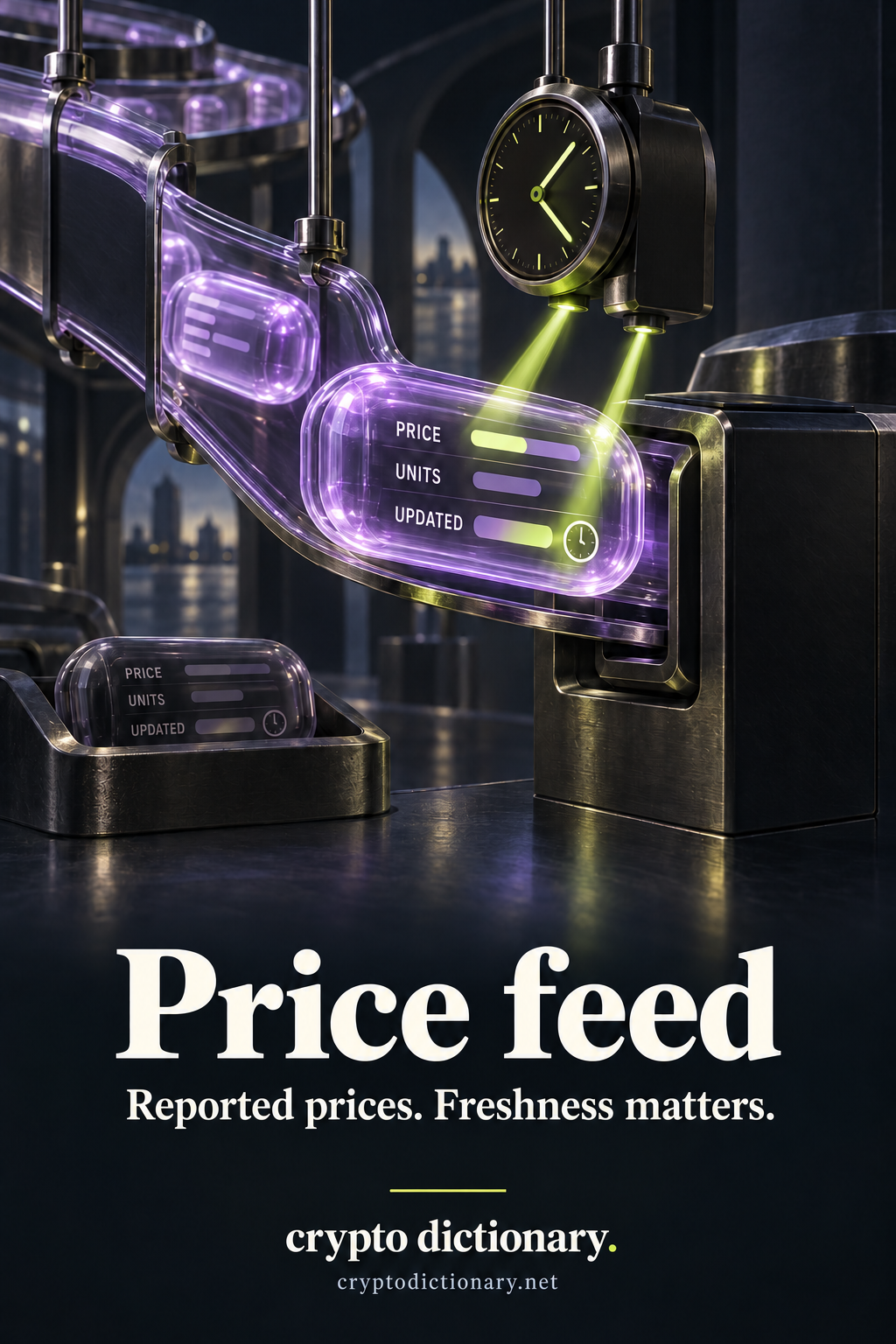 A glass stream carries price-update capsules into an application reader while a clock and lime beams inspect PRICE, UNITS and UPDATED fields.