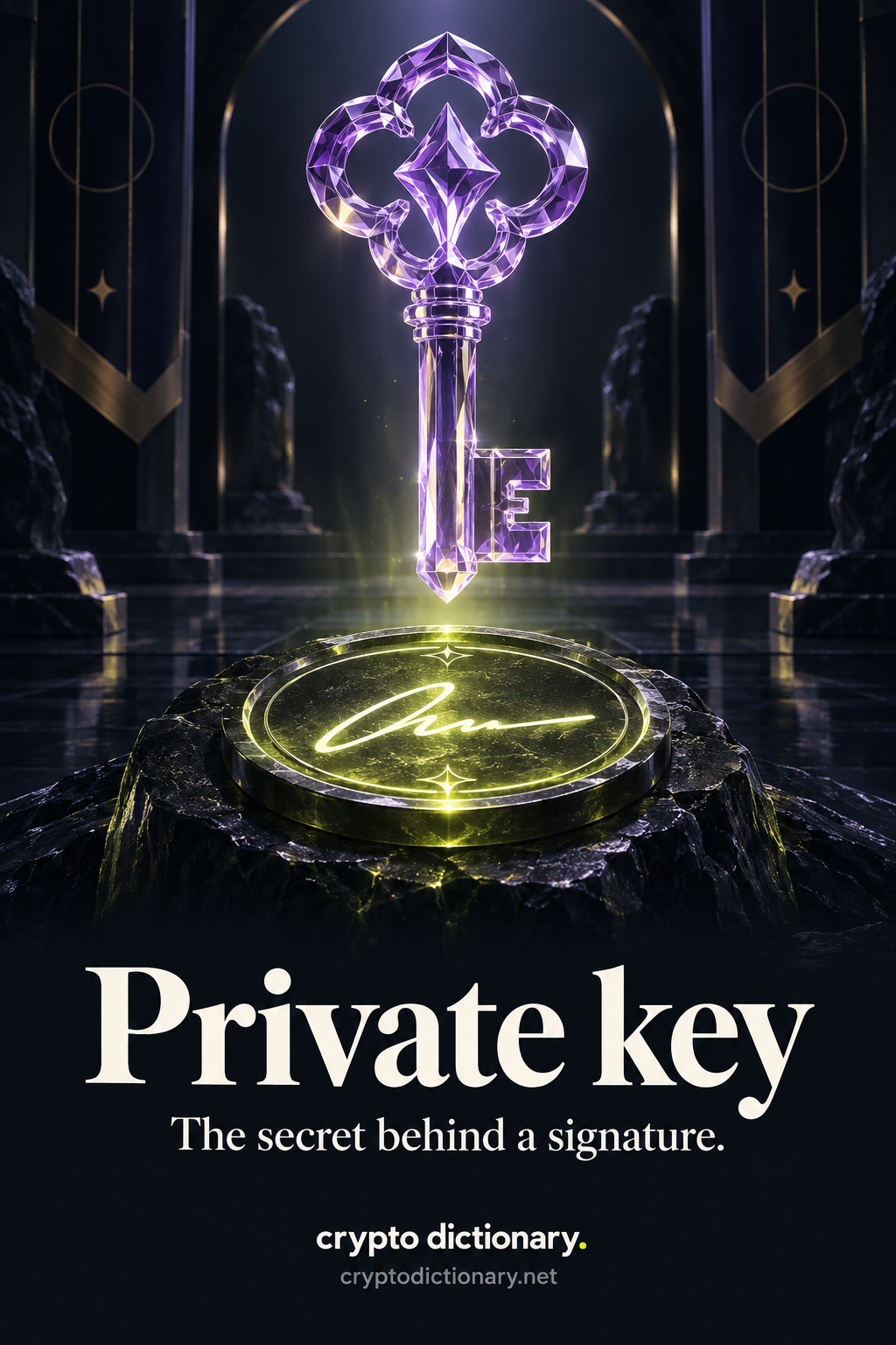 Private key — The secret behind a signature. Original purple glass and lime illustration for Crypto Dictionary.