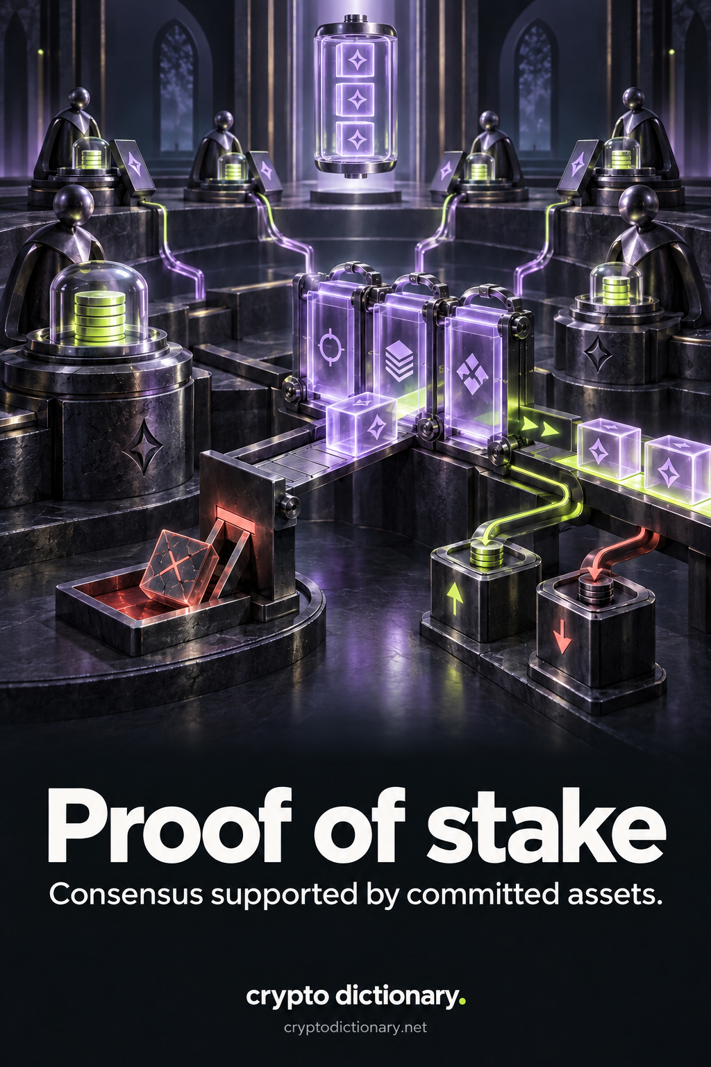 Independent validator stations commit assets and check candidate block rules, with malformed work rejected and separate reward/penalty paths.