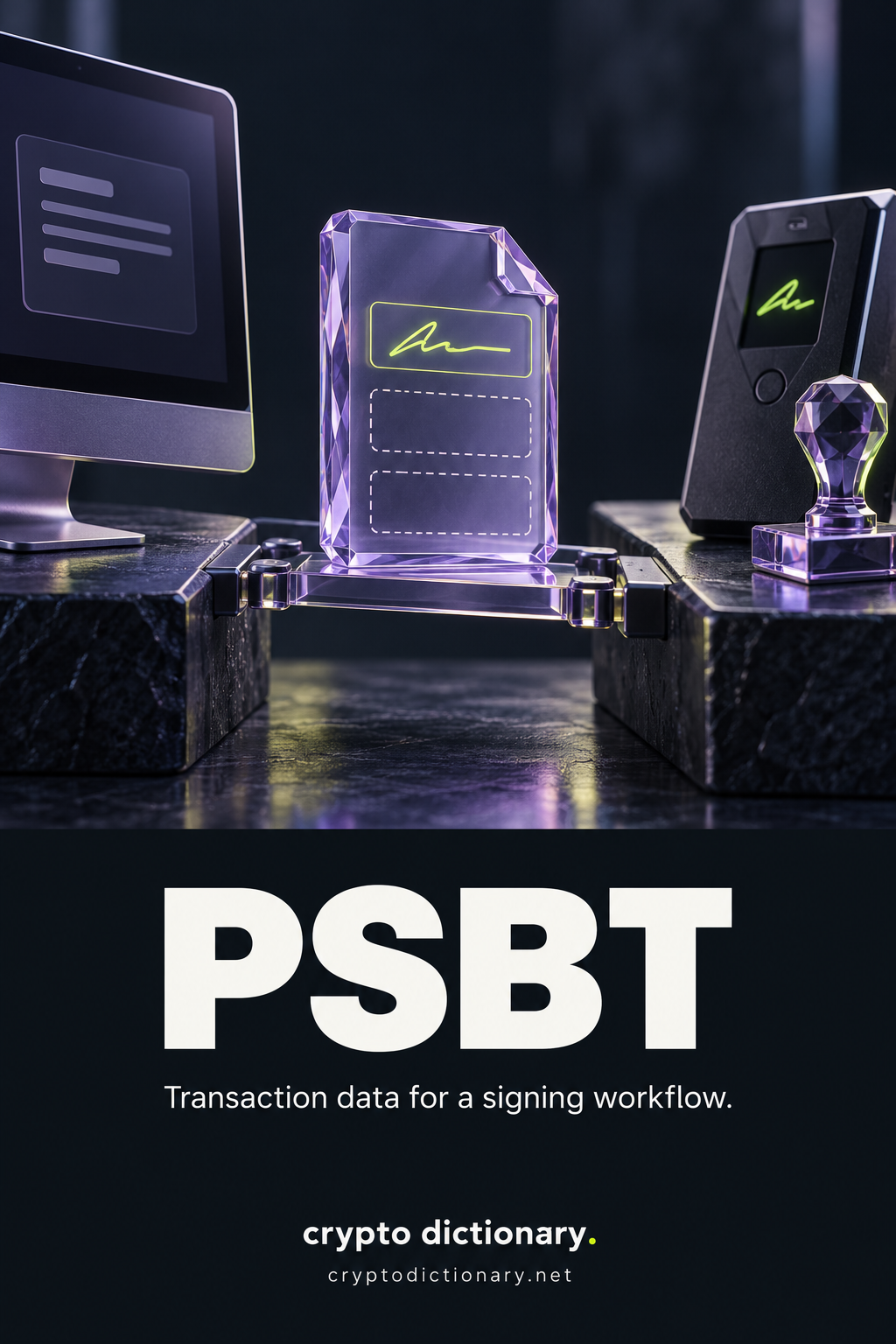 PSBT: a transaction-data file with one abstract signature and two empty slots passes between a computer and separate signing device.
