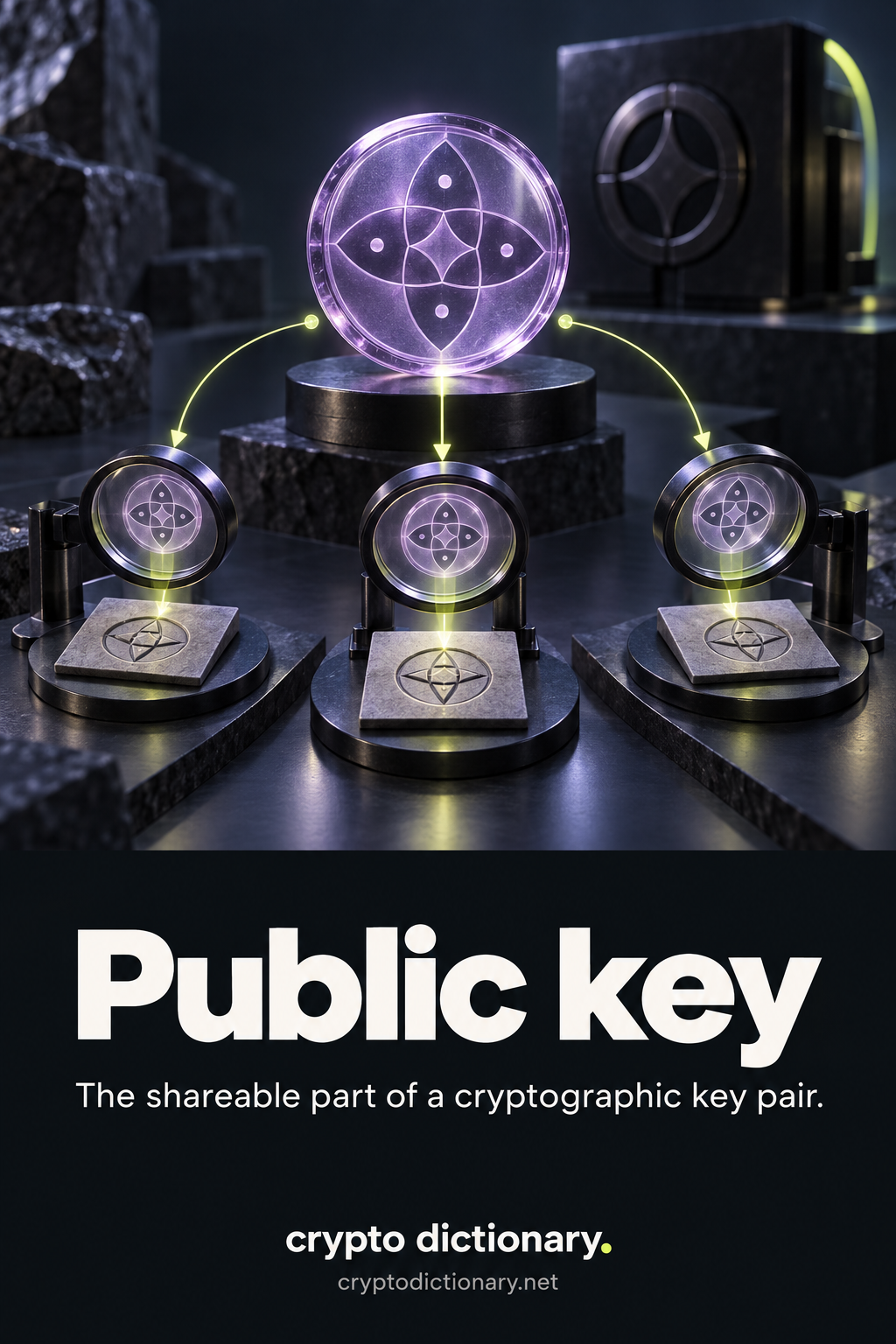 An openly shared lilac patterned public reference disc lets three independent stations check abstract message signatures while a signing mechanism stays closed.