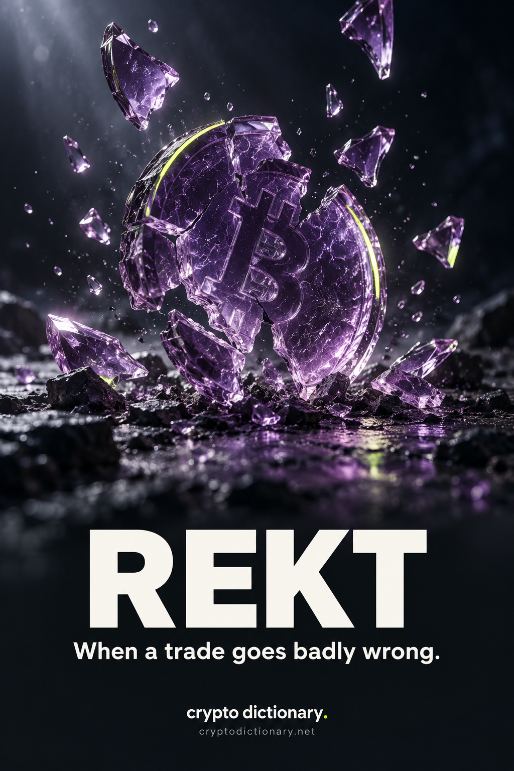 REKT: a shattered purple glass cryptocurrency coin and falling shards. Text: When a trade goes badly wrong.
