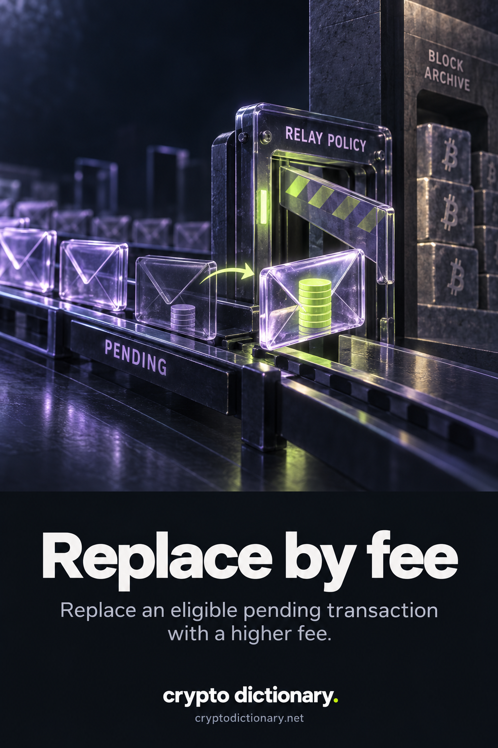 A pending glass transaction envelope with a small fee stack is exchanged for one with a taller lime stack at a relay-policy gate; archived blocks remain separate.