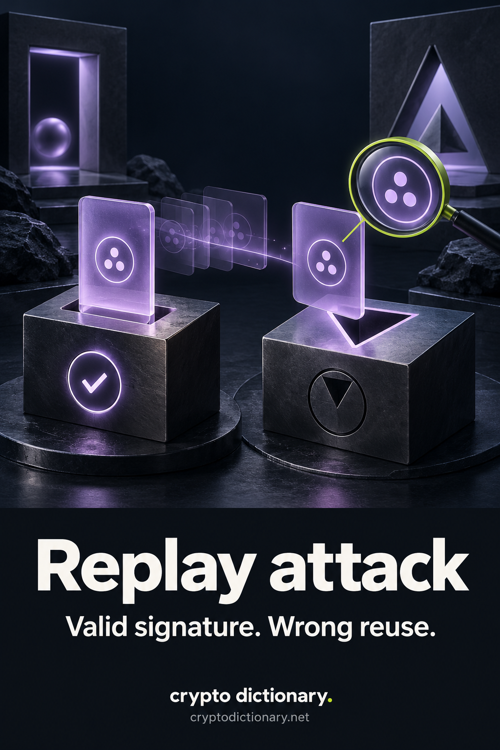 A completed authorization card and a later duplicate with the same three-dot fingerprint approach separate action slots of different context shapes, with a matching-fingerprint inspection lens.