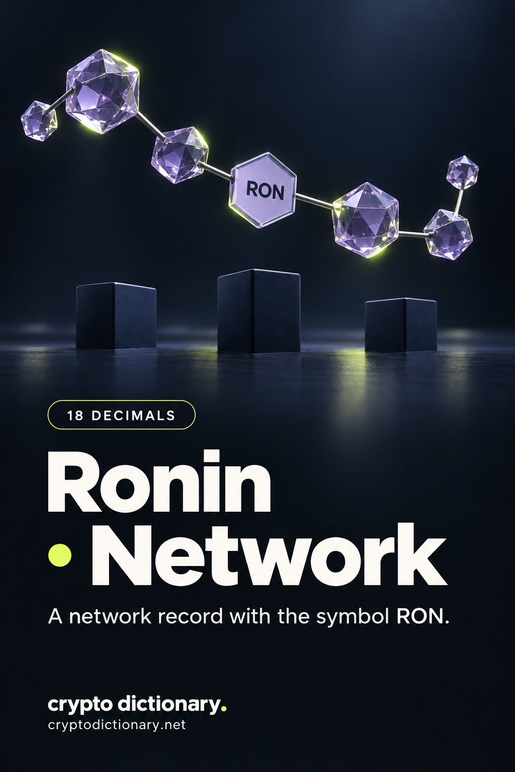 An abstract lilac connected-node arc with a RON registry tile above plain posts, titled Ronin · Network and 18 decimals.