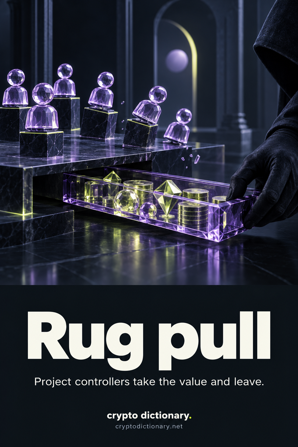 Rug pull: an anonymous controller withdraws a value-filled support tray from beneath fictional user pedestals.
