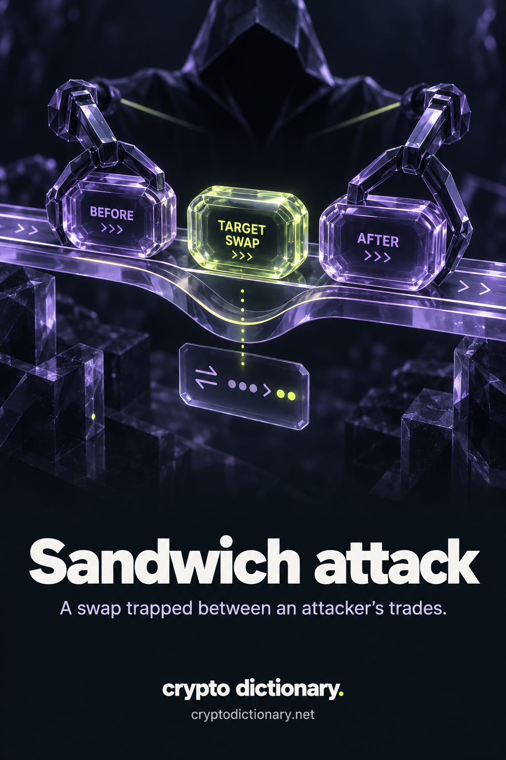 One anonymous shadow figure clamps BEFORE and AFTER transaction capsules around a lime TARGET SWAP; a bent price rail and fewer-dot receipt show worse execution.