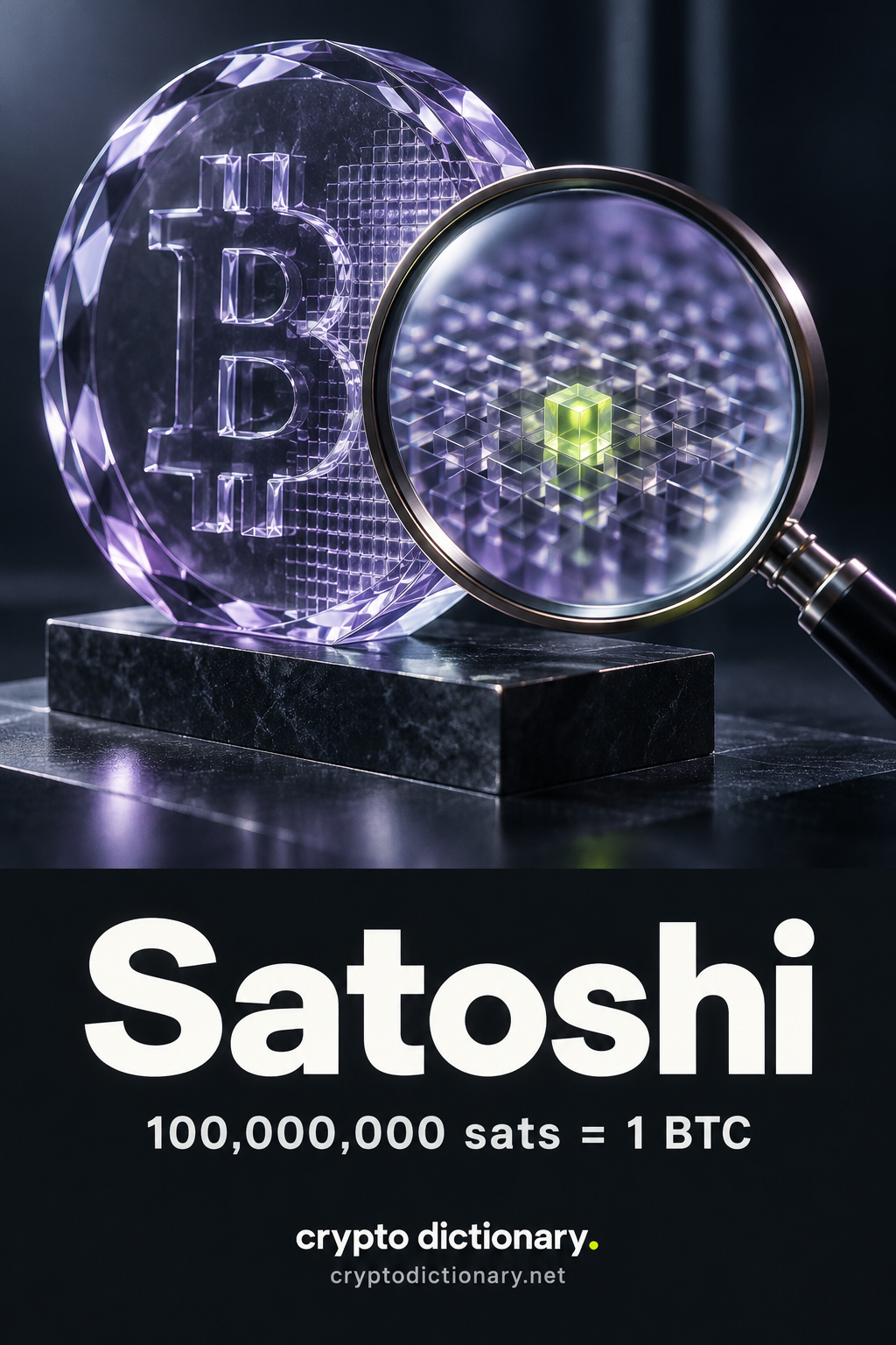 Satoshi: a magnifying glass reveals one tiny lime unit within a glass Bitcoin sculpture; 100,000,000 sats equal one BTC.