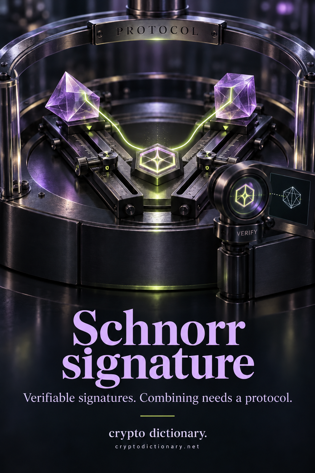 Two geometric components are coordinated on adjustable rails inside a PROTOCOL apparatus; a separate VERIFY lens examines the resulting signature seal.