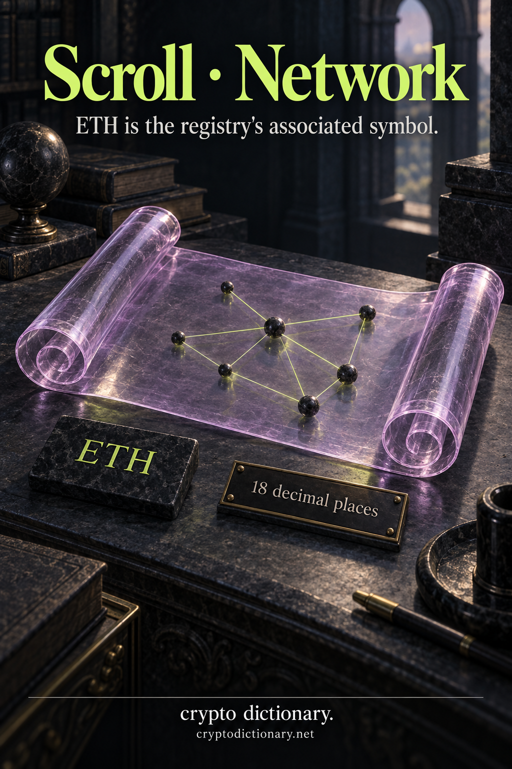 A curled lilac glass scroll displays connected bead nodes with ETH associated-symbol and eighteen-decimal registry plaques.