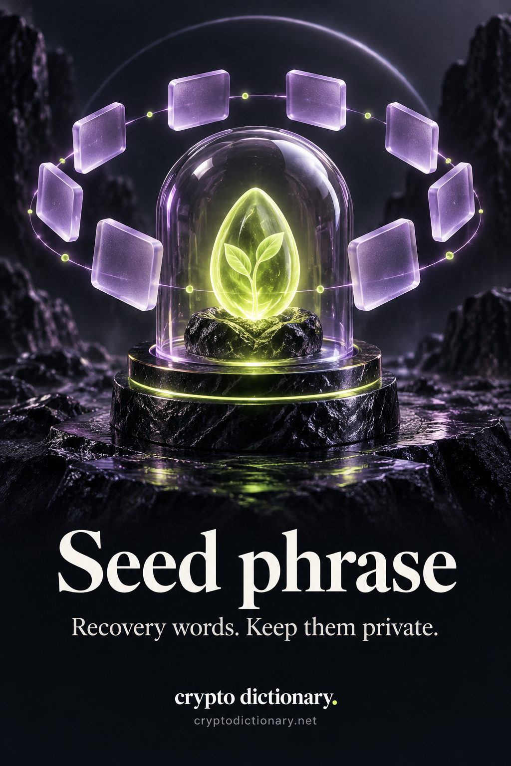Seed phrase — Recovery words. Keep them private. Original purple glass and lime illustration for Crypto Dictionary.