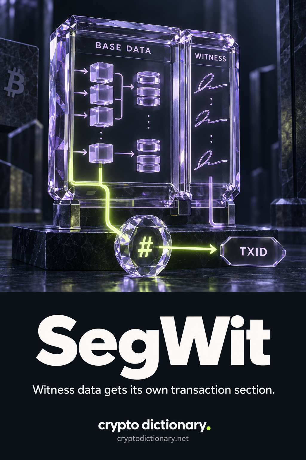 BASE DATA and WITNESS remain in separate attached glass transaction compartments; only the lime base-data path passes through a hash lens to TXID.