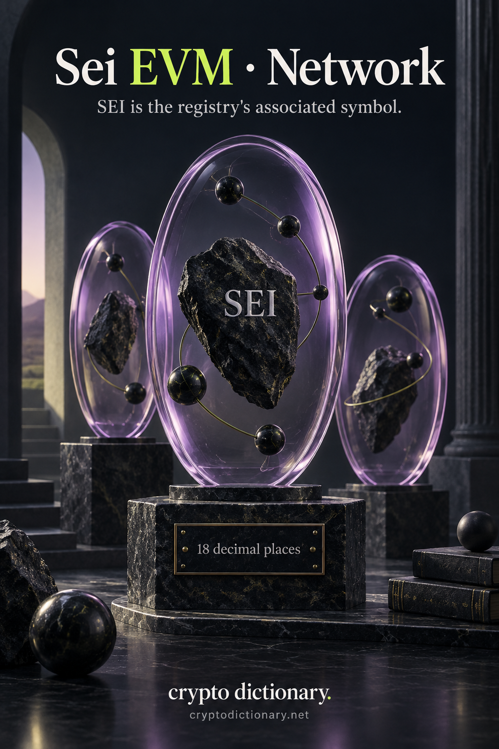 A SEI network identity specimen within layered oval lilac glass frames and linked beads, with eighteen-decimal precision.