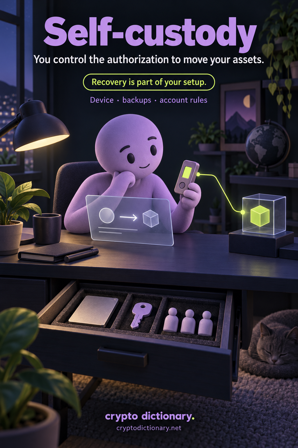 Self-custody: a lilac person reviews a transfer with their own hardware signer, above a recovery drawer containing a blank backup, abstract key and guardian figurines.