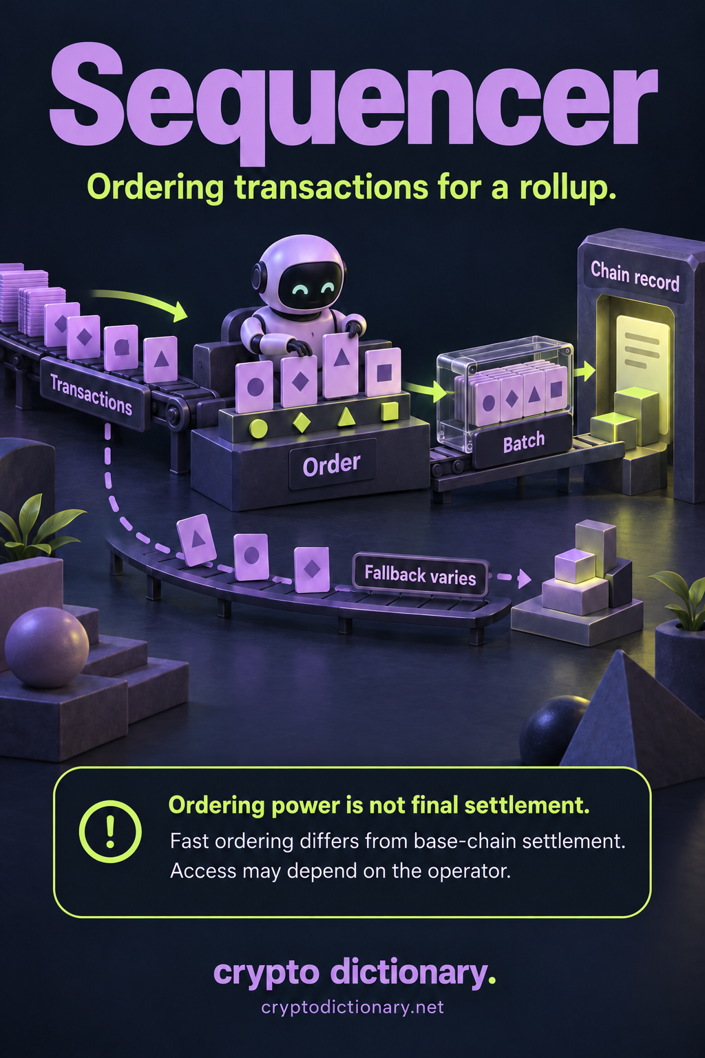 Sequencer: transaction cards are ordered at a desk and grouped into a batch before a separate chain record, with a design-dependent fallback path.