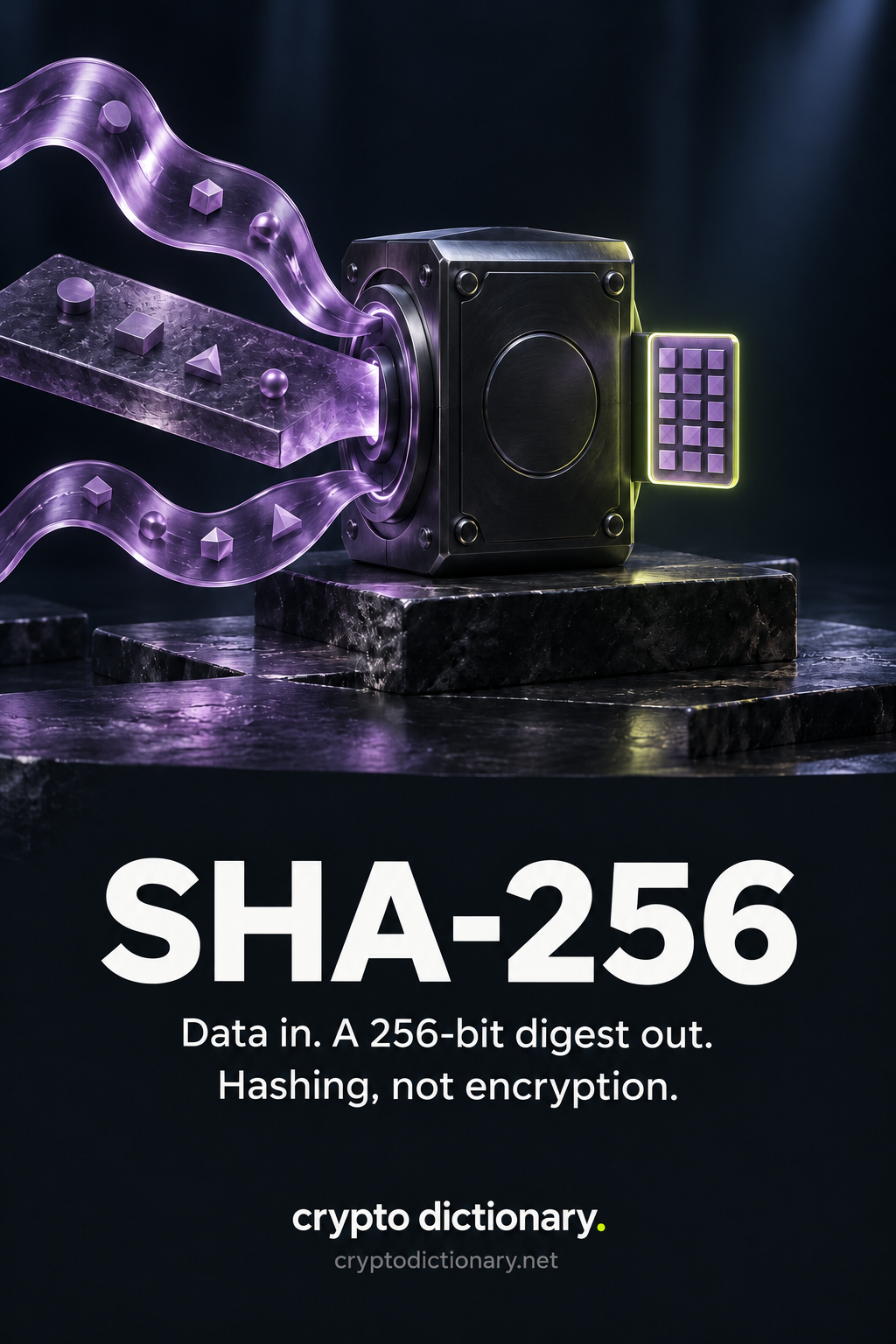 Varied lilac data ribbons feed a plain dark hash chamber that emits one compact rectangular fingerprint grid with a lime edge.