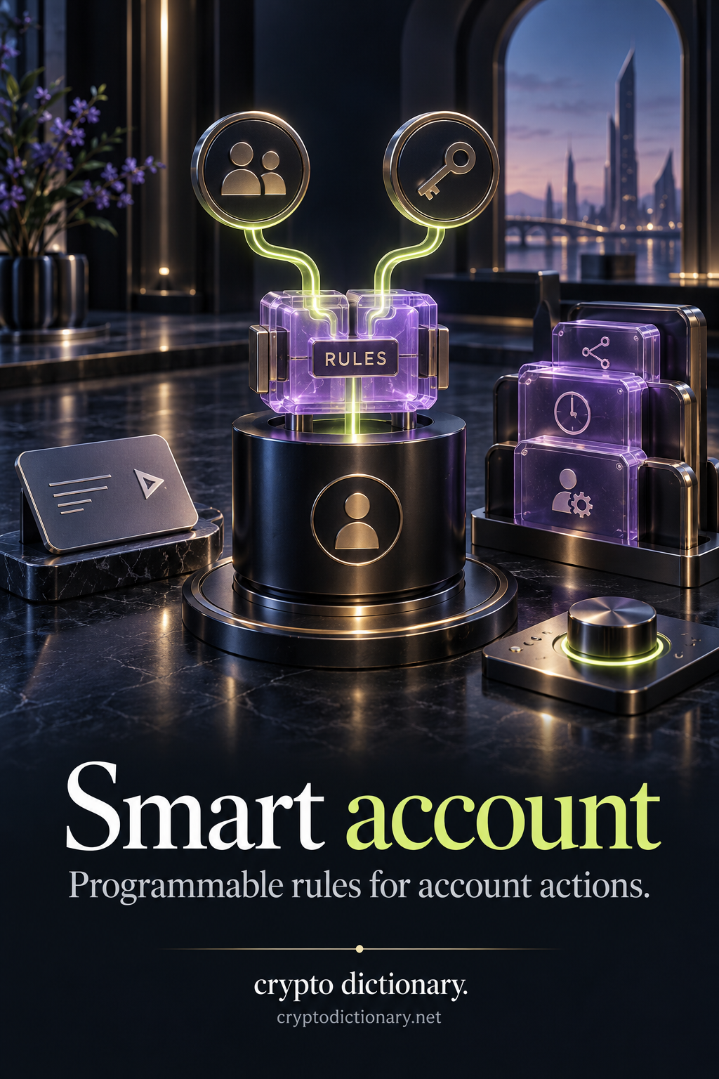 A selected RULES module controls an account hub using distinct authorization inputs, with disconnected alternative modules and a waiting action card.