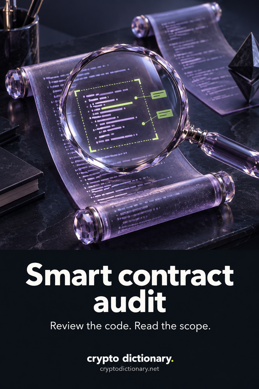 Smart contract audit: a magnifying lens examines an explicitly bounded code section with annotations, while another scroll remains outside scope.