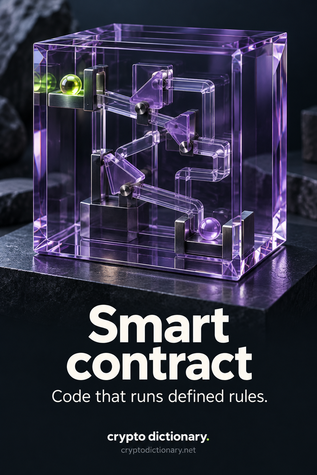 Smart contract: a transparent lilac glass mechanism routes an input ball through defined gates to an output. Text: Code that runs defined rules.