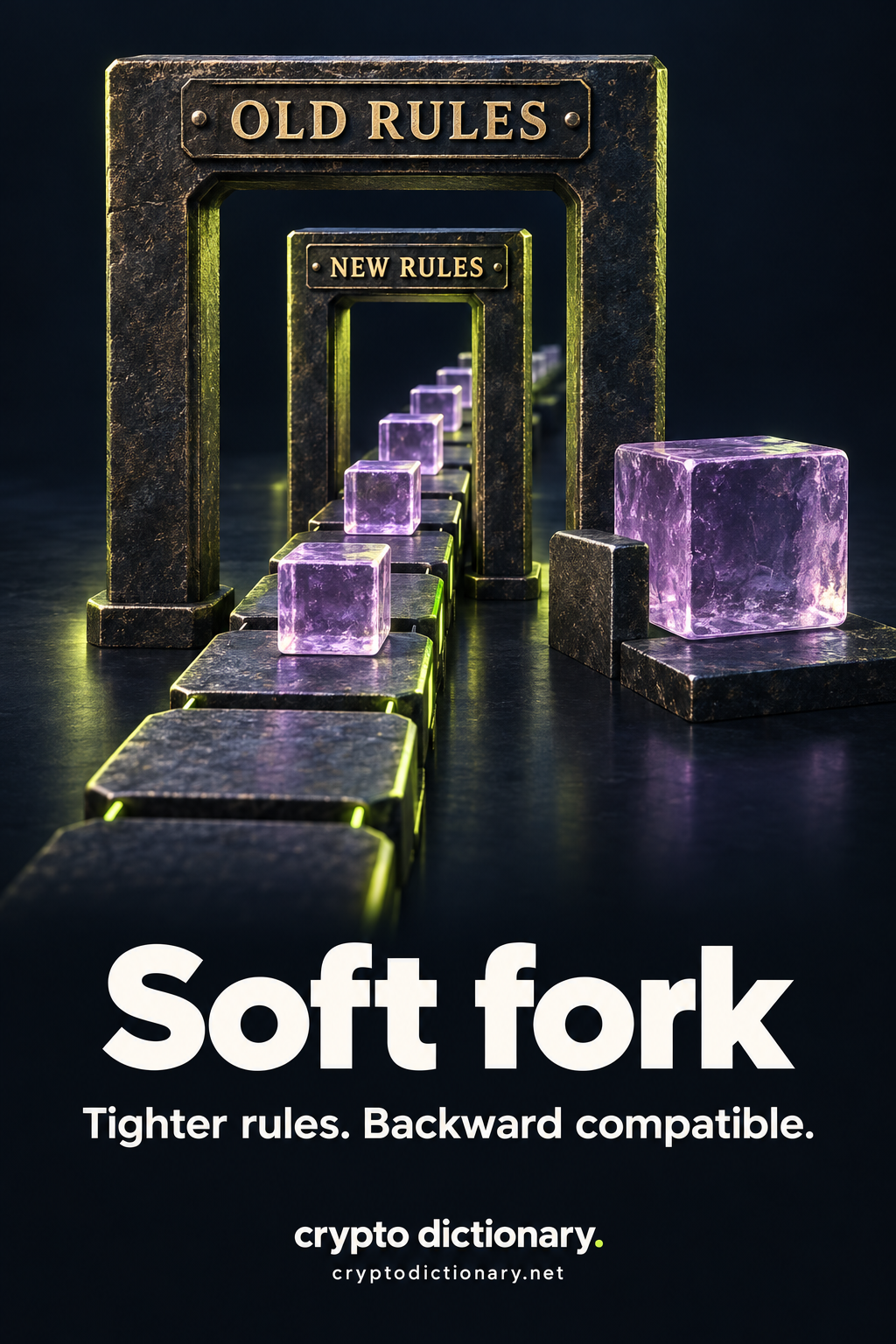 Soft fork: a narrower NEW RULES gate sits within a broad OLD RULES gate on the same blockchain path.