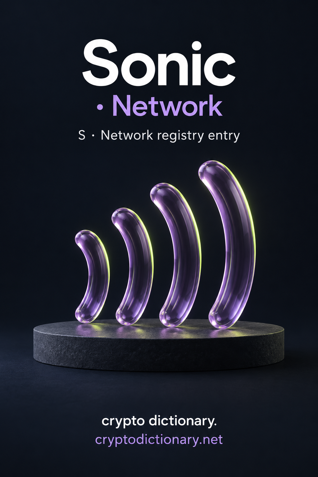 Sonic · Network registry artwork with four lilac glass sound-like arcs on stone, associated S symbol and accurate network registry caption.