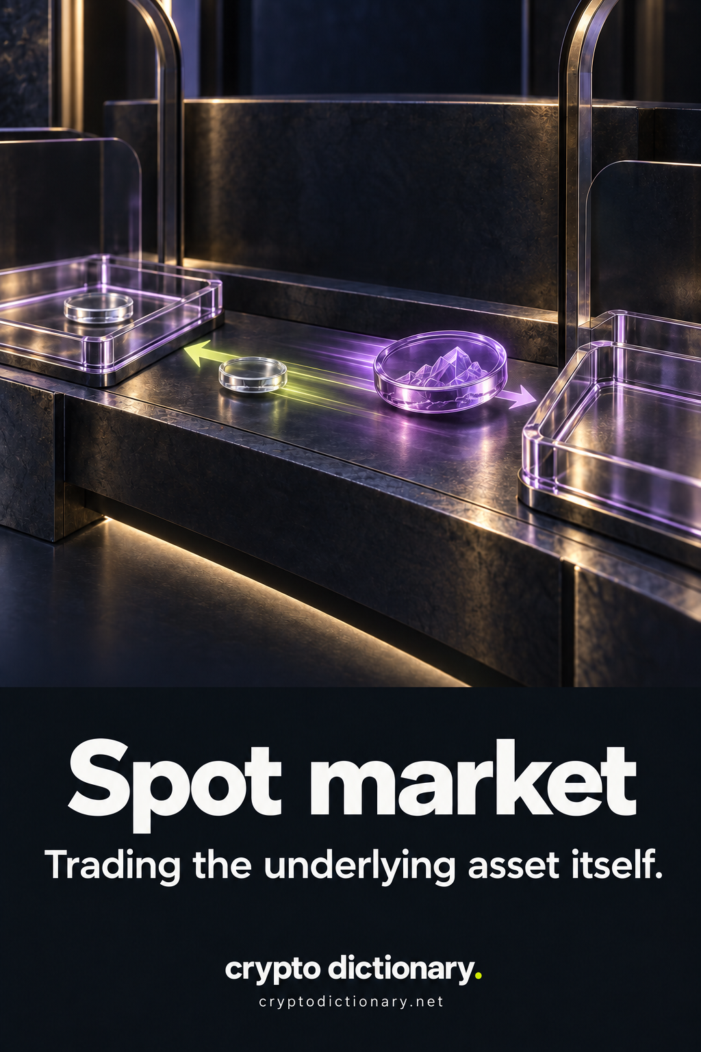 Spot market: an underlying asset disc and payment disc exchange in opposite directions across a venue counter.