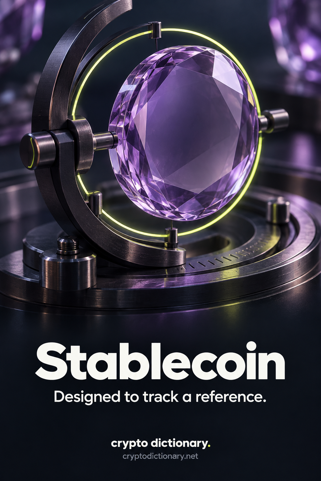 Stablecoin: a blank faceted lilac glass coin sits in a precision tracking mechanism with a lime reference ring. Text: Designed to track a reference.