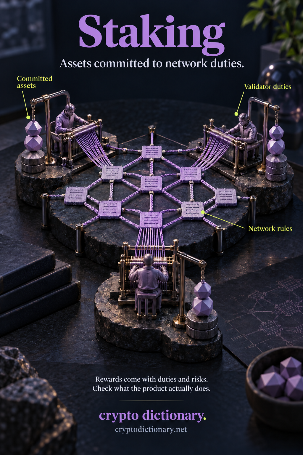 Staking: three independent validator loom stations use committed geometric counterweights to maintain a shared network pattern under network rules.