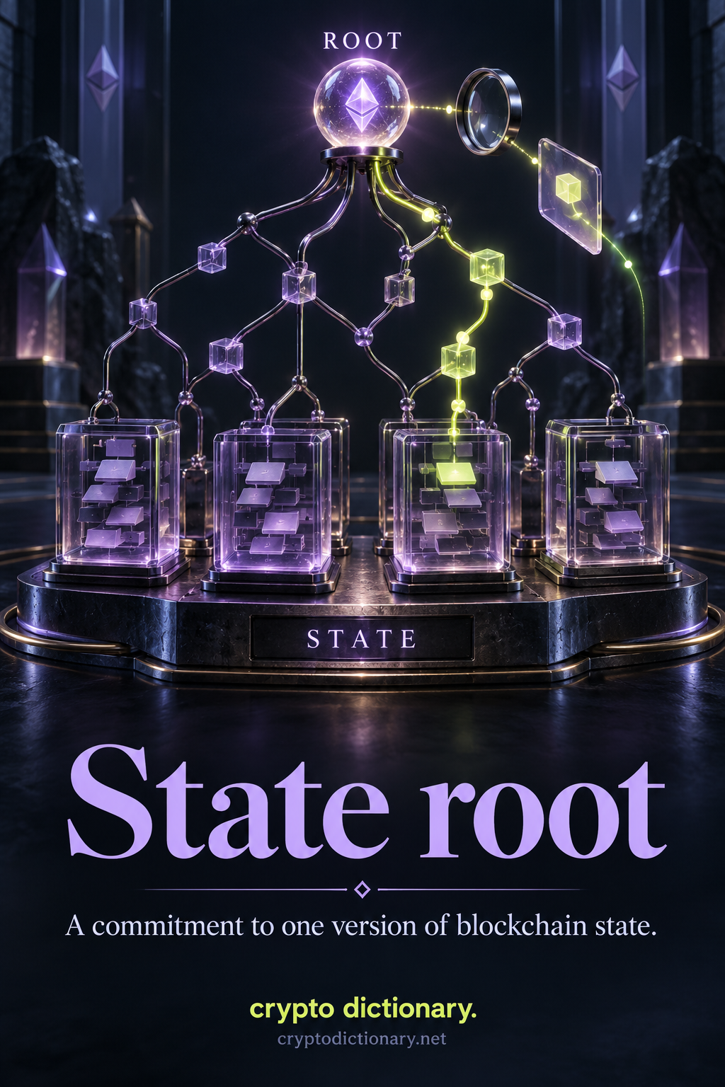 Four intact state-data cabinets connect through an irregular authenticated index sculpture to a ROOT orb; a selected lime claim path and separate proof card meet a comparison lens.