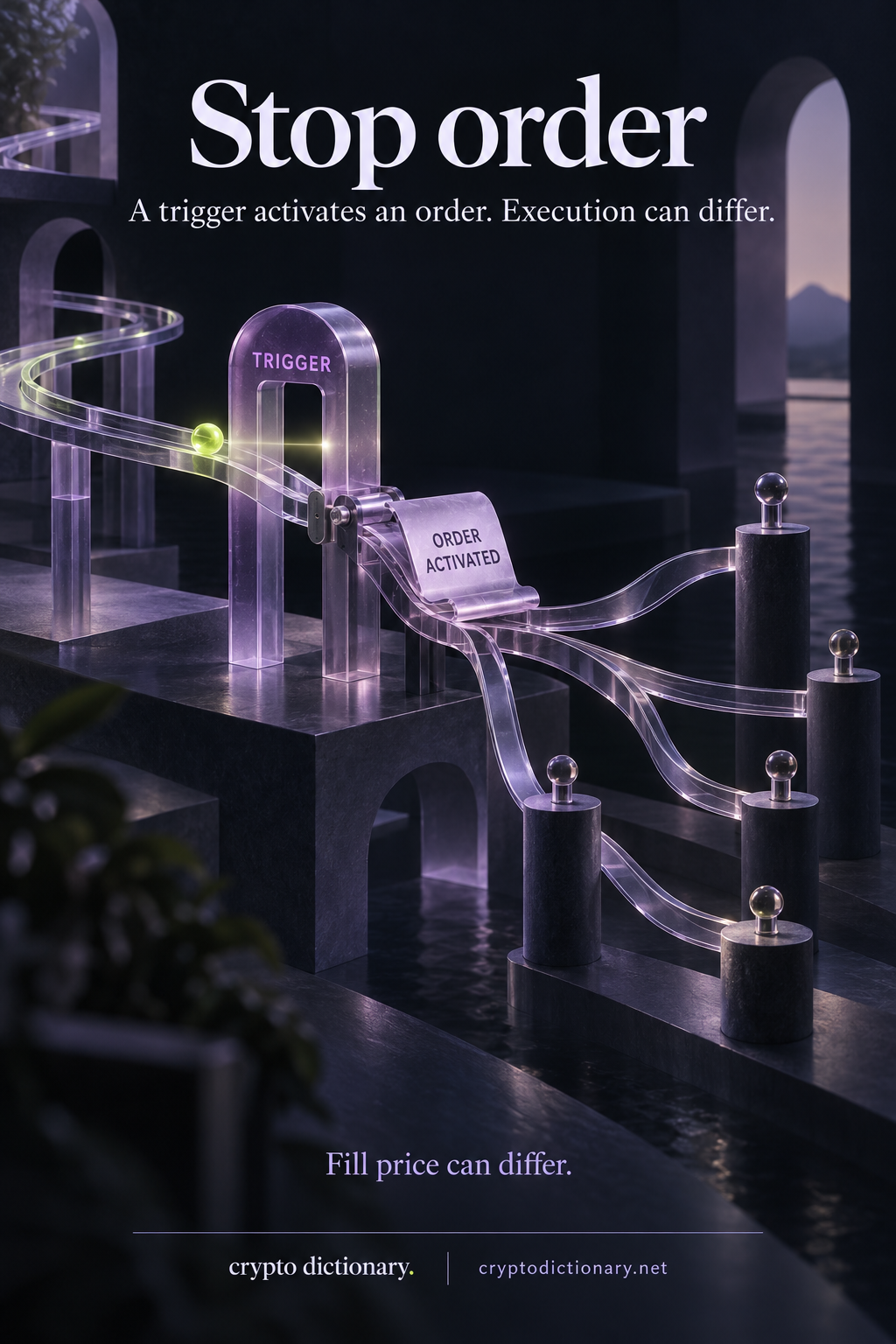 A lime price bead approaches a trigger arch that releases an order ticket onto branching glass execution rails.