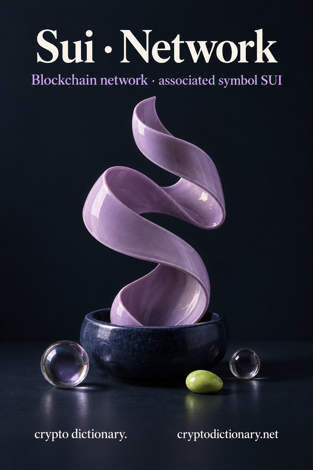 A folded lilac ceramic ribbon rises from a navy vessel beside two glass marbles and a lime pebble beneath Sui · Network and the associated-symbol network caption.