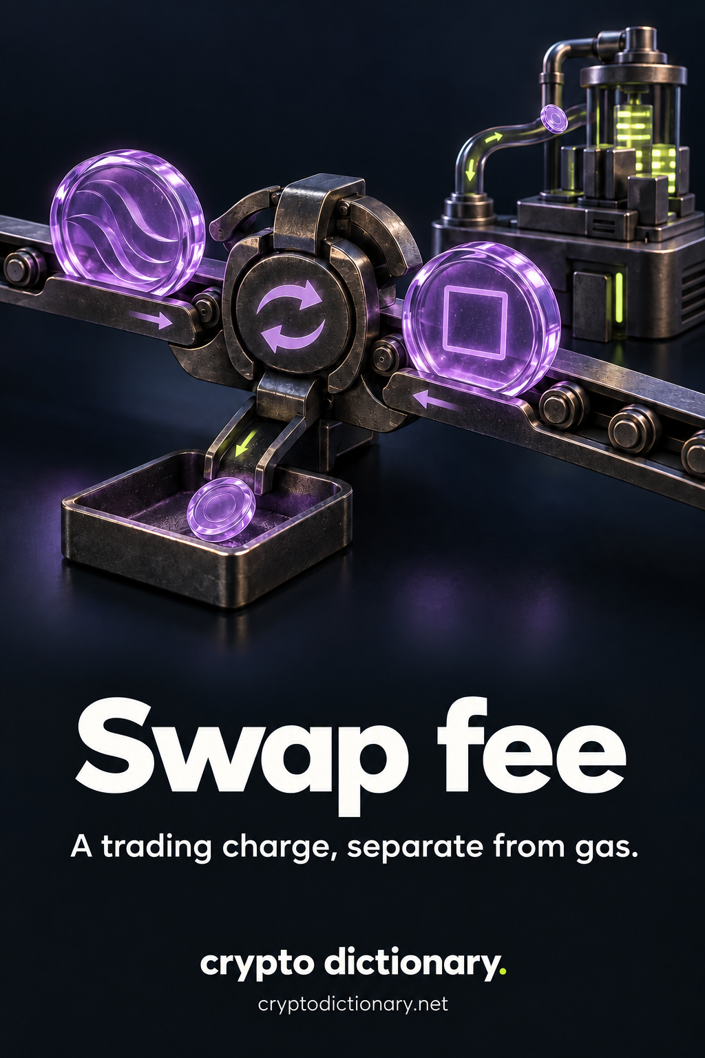 Swap fee: exchanging generic wave and square tokens diverts a trading charge to a protocol tray while a separate network engine has its own fee channel.