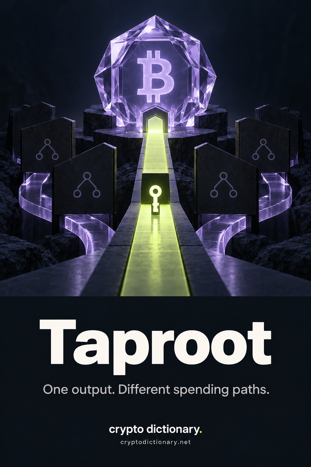 A bright key spending path reaches one Bitcoin output while optional script branches remain partly concealed behind dark panels.