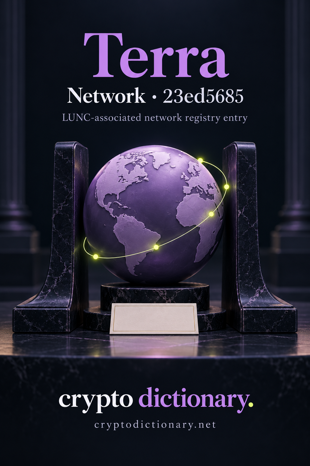 Terra network record 23ed5685, associated with LUNC: a lilac globe between archive bookends with lime orbital nodes.