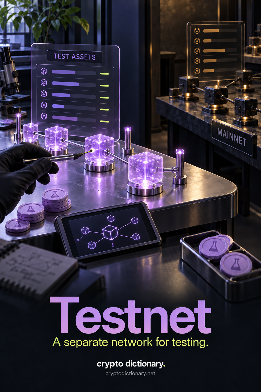 A probe tests a lilac TEST ASSETS chain on one laboratory bench, separate from an unconnected MAINNET chain with a distinct abstract history.