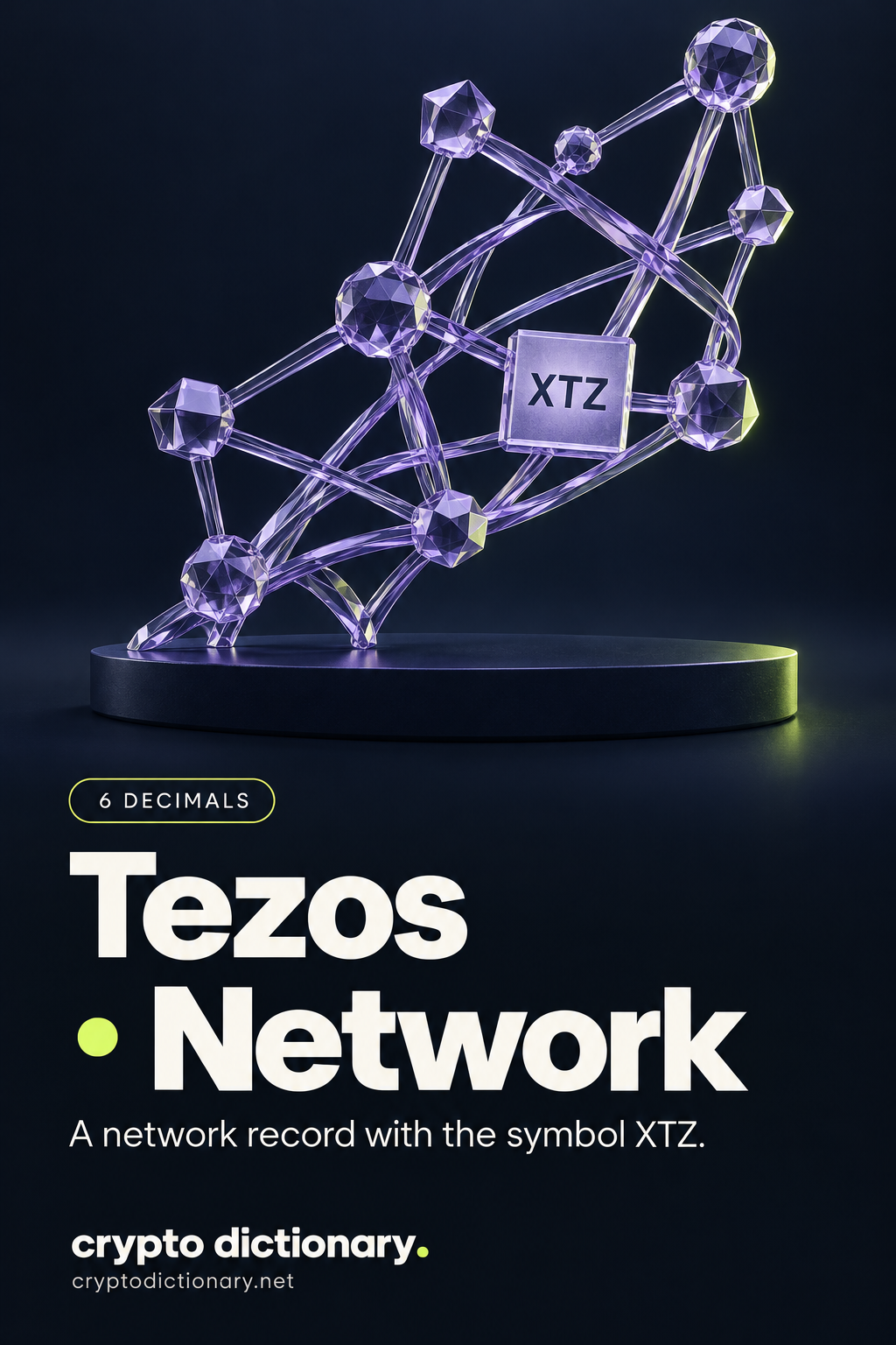 XTZ registry card in an original woven lilac glass network sculpture, titled Tezos · Network with 6 decimals.