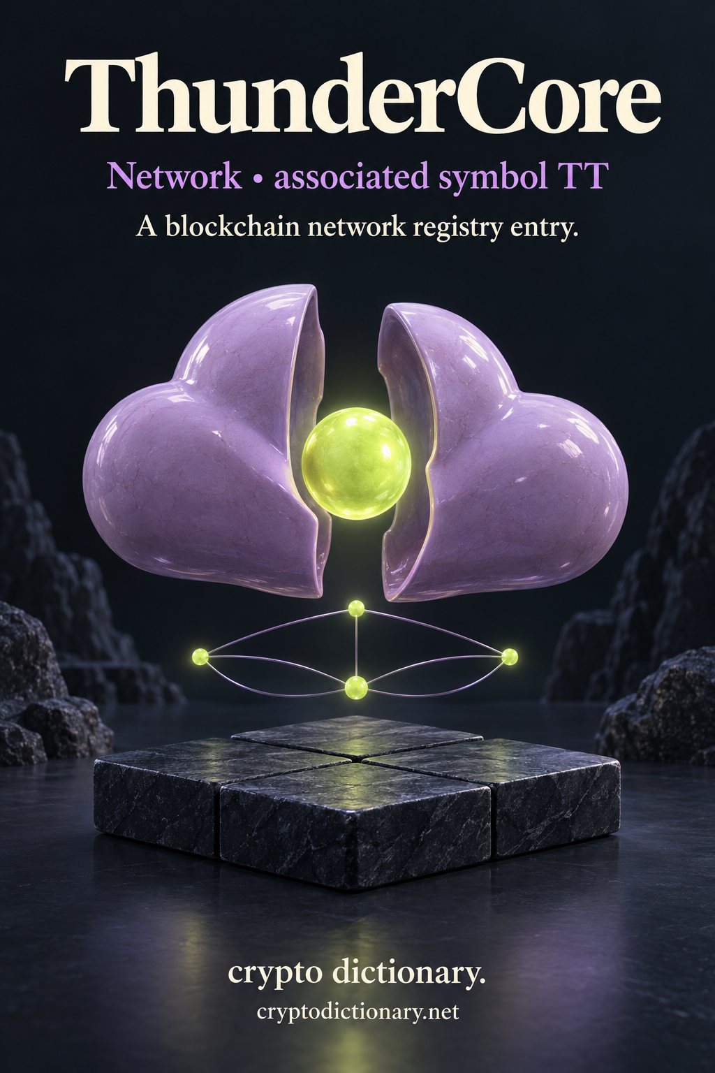 ThunderCore network registry illustration with an original split lilac cloud sculpture exposing a lime core above connected navy tiles.